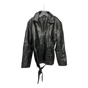 Vintage 90s Leather Works Patchwork Tie Waist Leather Jacket Size 3X Black Lined